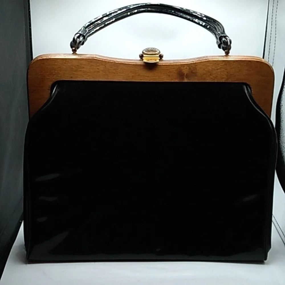 Vintage large patent leather satchel purse black 1960s